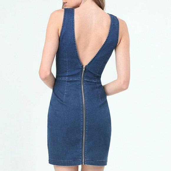 Bebe Dress Denim Sleeveless Mini Size 10 Blue Cutout V-Back - Picture 2 of 15